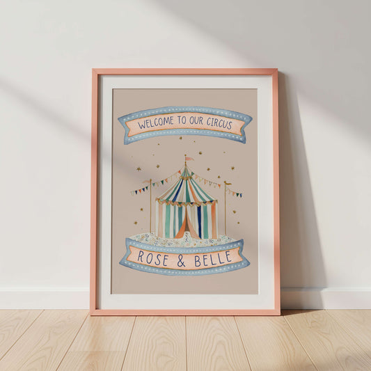 Personalised Pink Circus Tent Sibling Wall Art Print | Unframed