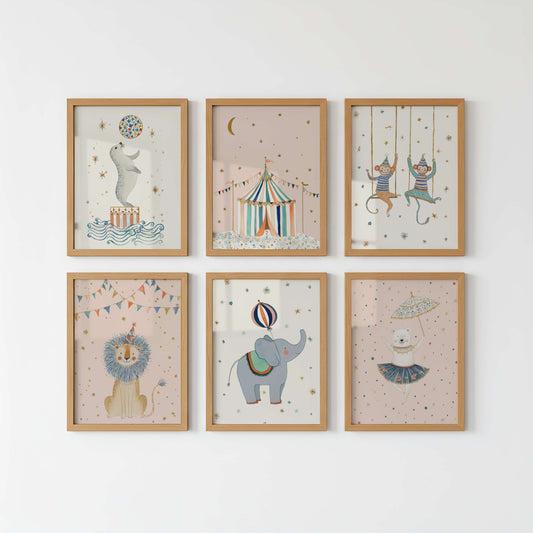 Pink Circus Nursery Wall Art Set of 6 Prints | Unframed