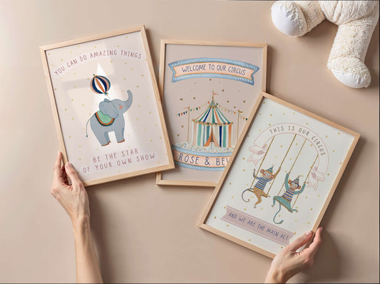 Personalised Sibling Pink Circus Wall Art Set of 3 | Unframed