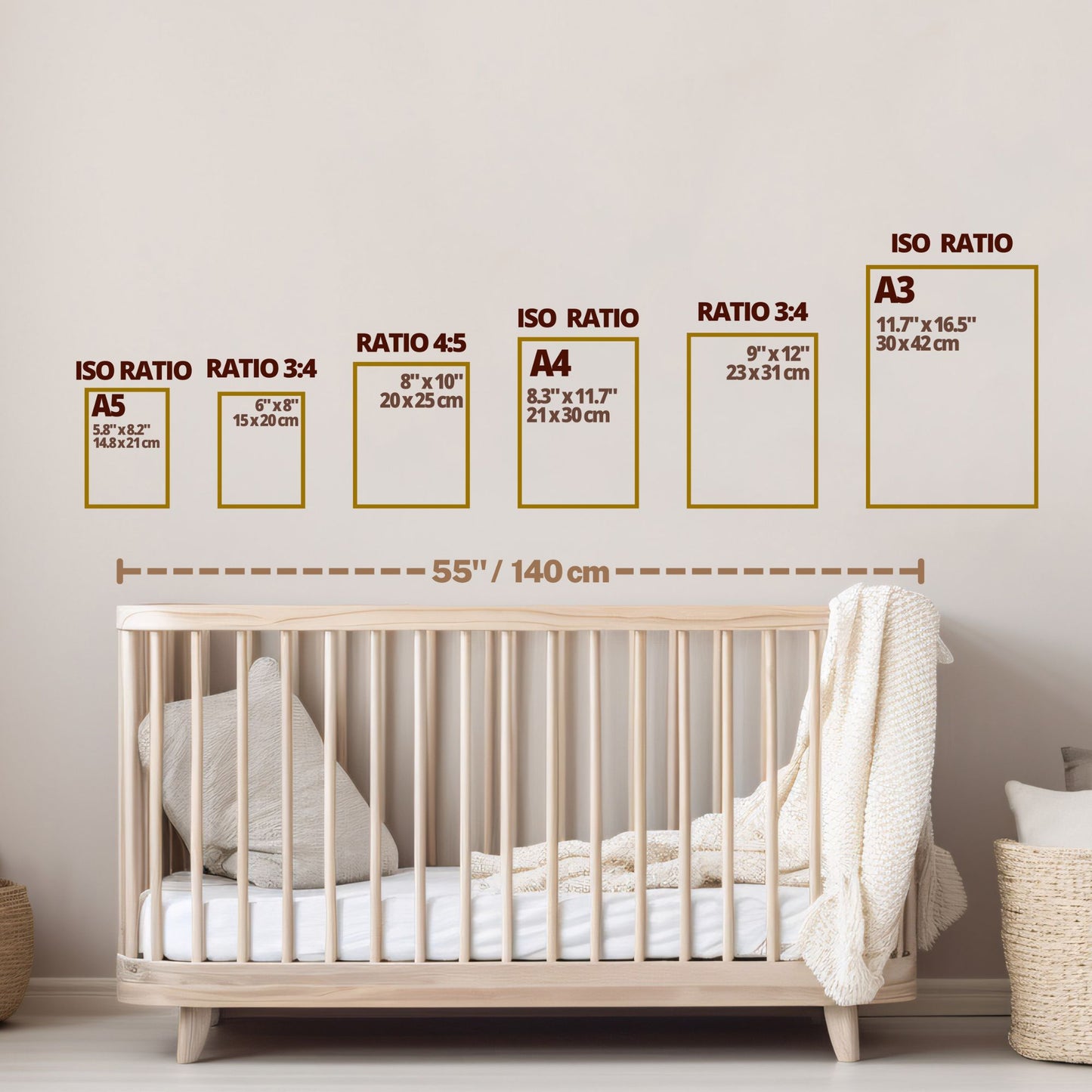 Print size guide — available sizes A5, 6x8, 8x10, A4, 9x12, and A3, all supplied unframed