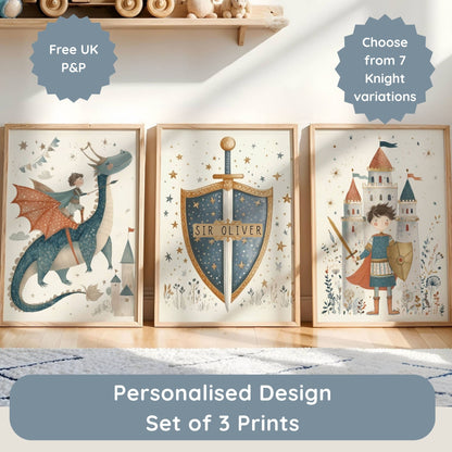 Personalised dragon and knight nursery print set of three, with knight character and name personalisation options