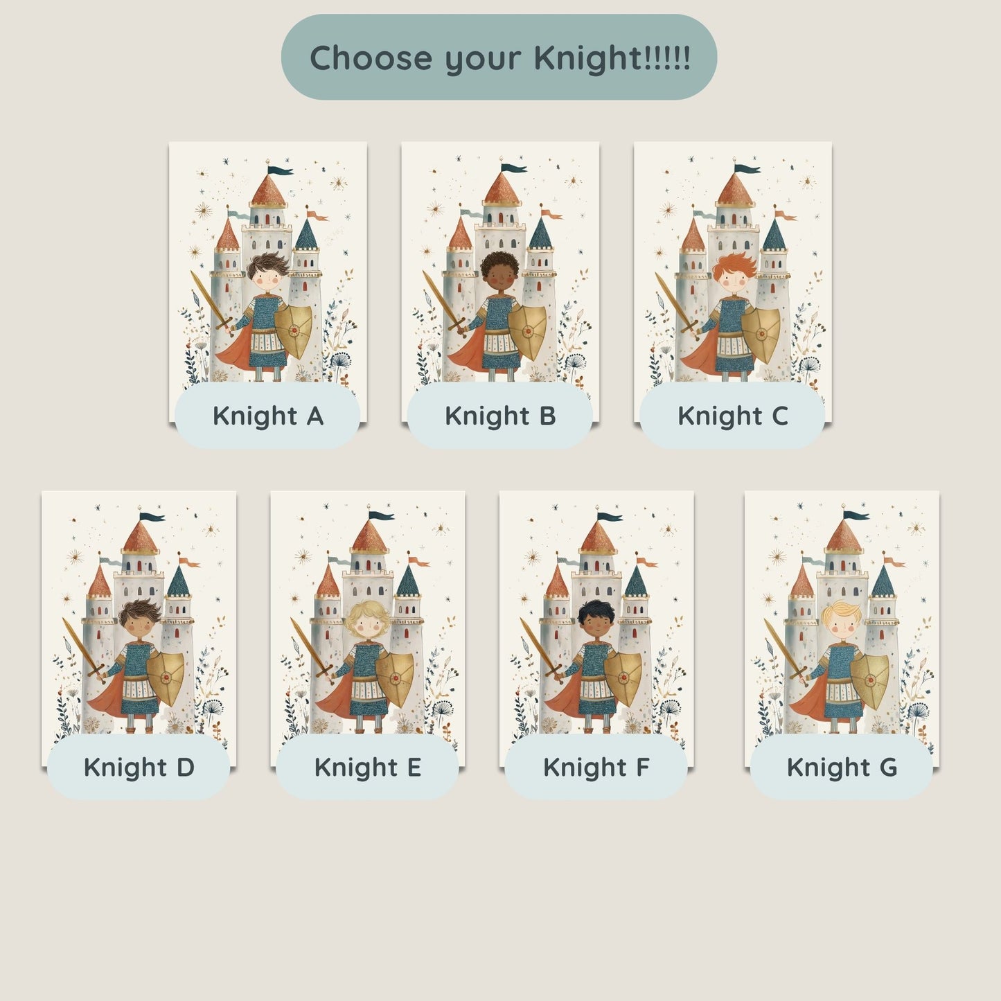 Seven personalised knight character options to choose from, showing different hair and skin tone variations