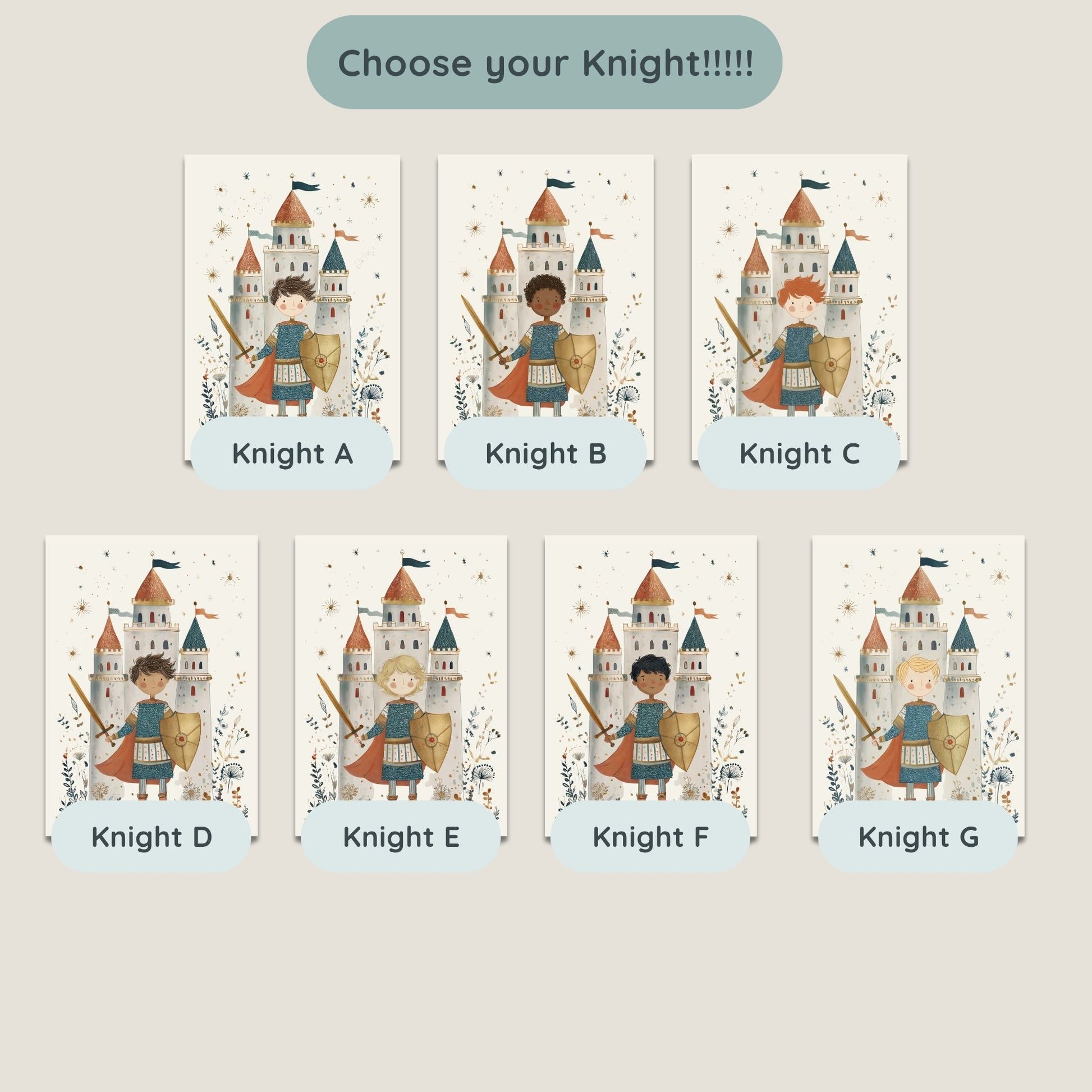 Seven personalised knight character options to choose from, showing different hair and skin tone variations