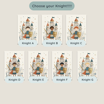 Seven personalised knight character options to choose from, showing different hair and skin tone variations
