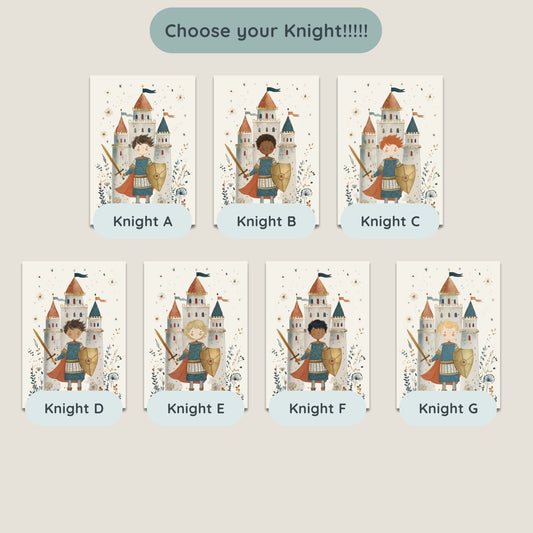 Seven personalised knight character options to choose from, showing different hair and skin tone variations