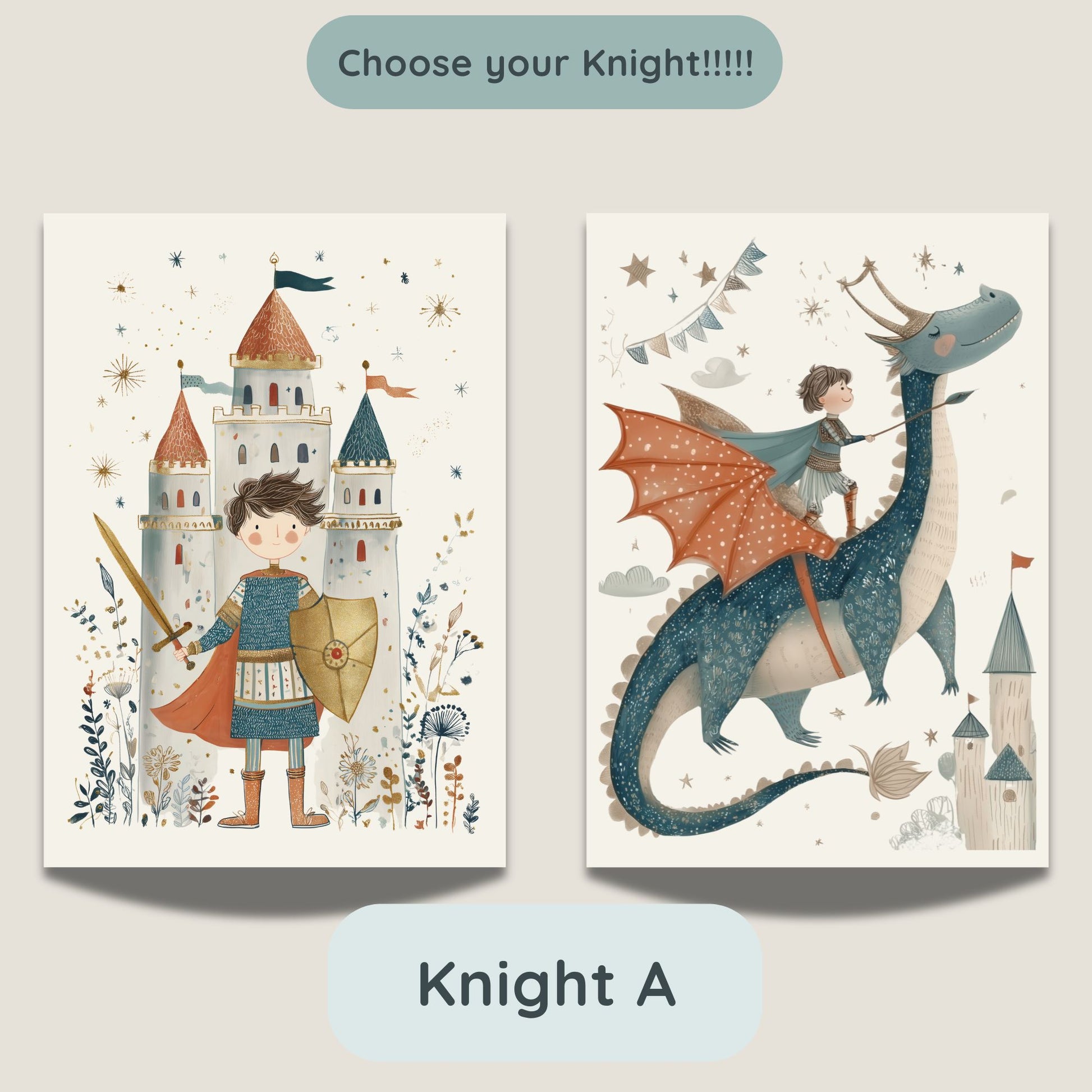 Knight A option - castle and dragon prints featuring a knight character with brown hair and light skin tone