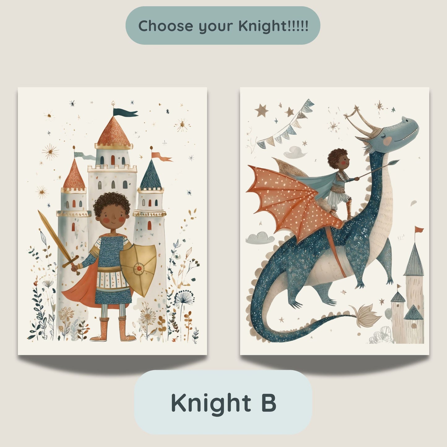 Knight B option - castle and dragon prints featuring a knight character with dark curly hair and deep skin tone