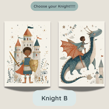 Knight B option - castle and dragon prints featuring a knight character with dark curly hair and deep skin tone