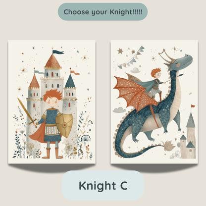 Knight C option - castle and dragon prints featuring a knight character with red hair and light skin tone