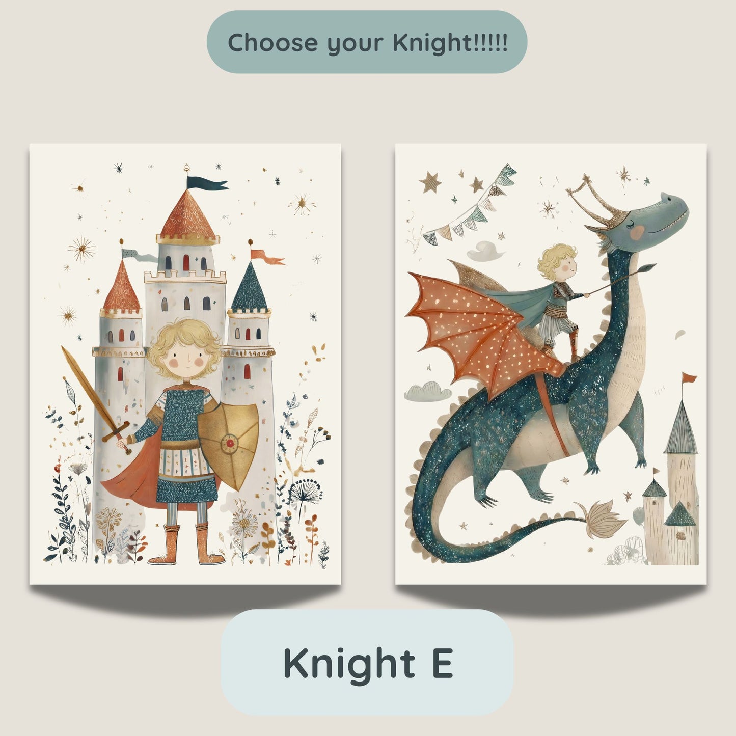 Knight E option - castle and dragon prints featuring a knight character with blonde curly hair and light skin tone