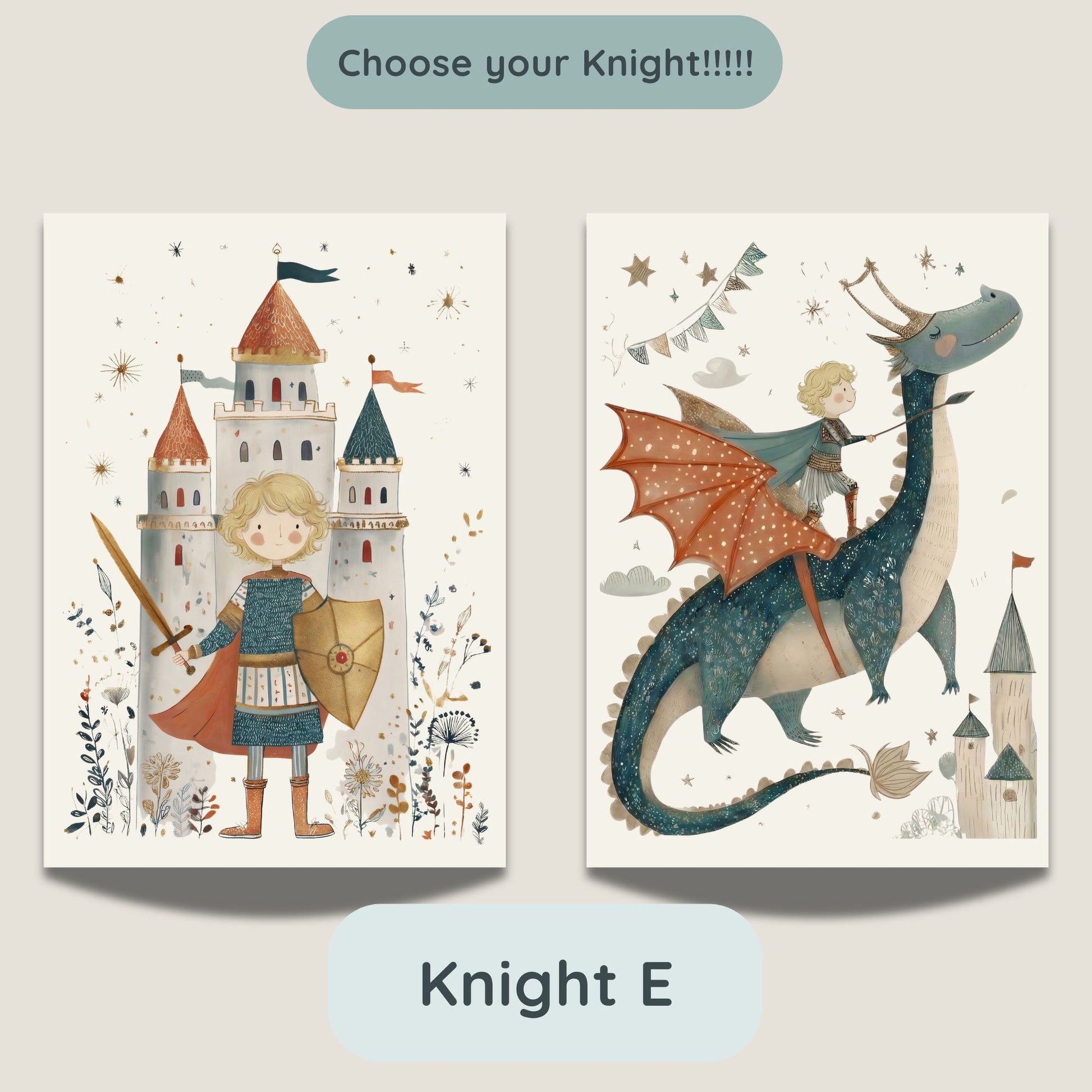 Knight E option - castle and dragon prints featuring a knight character with blonde curly hair and light skin tone