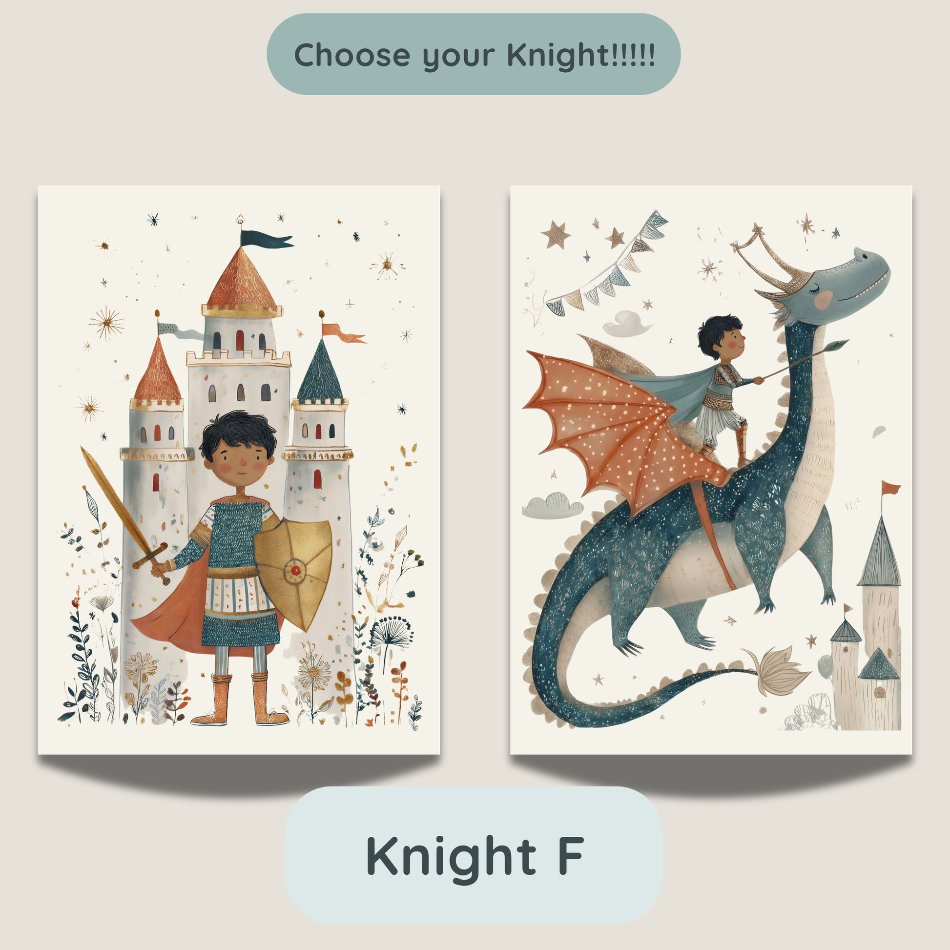 Knight F option - castle and dragon prints featuring a knight character with dark hair and deep skin tone