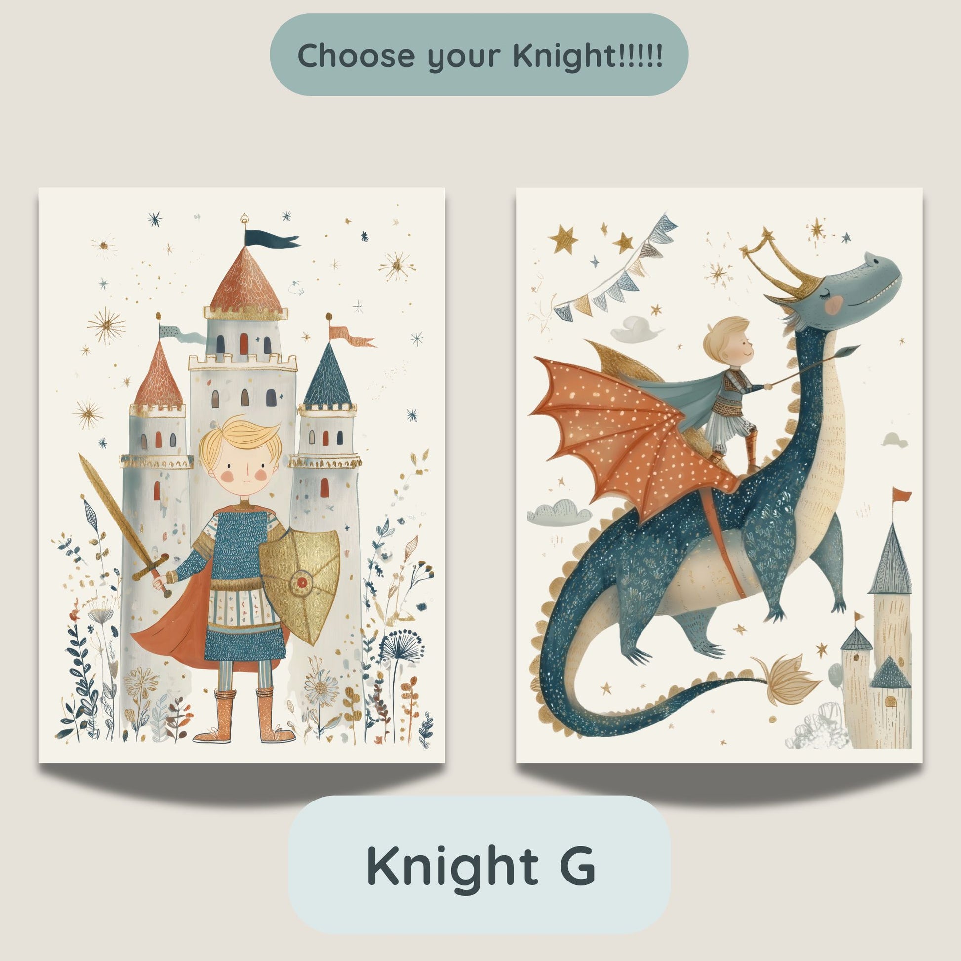Knight G option - castle and dragon prints featuring a knight character with blonde hair and light skin tone