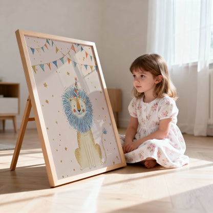 Circus Lion print displayed in a white frame on a nursery wall — lifestyle mockup