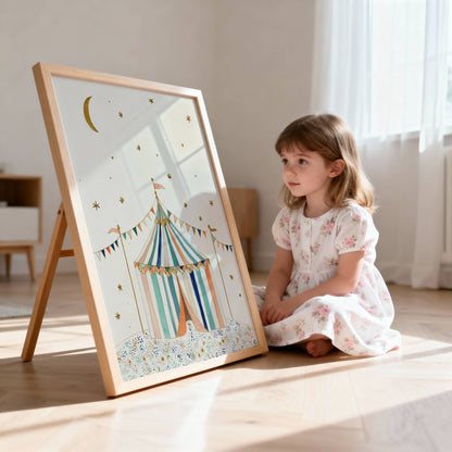 The Circus Tent vintage circus print displayed in a white frame on a nursery wall