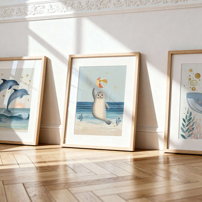 The Seal nursery art print displayed in a children's room — under the sea watercolour wall art