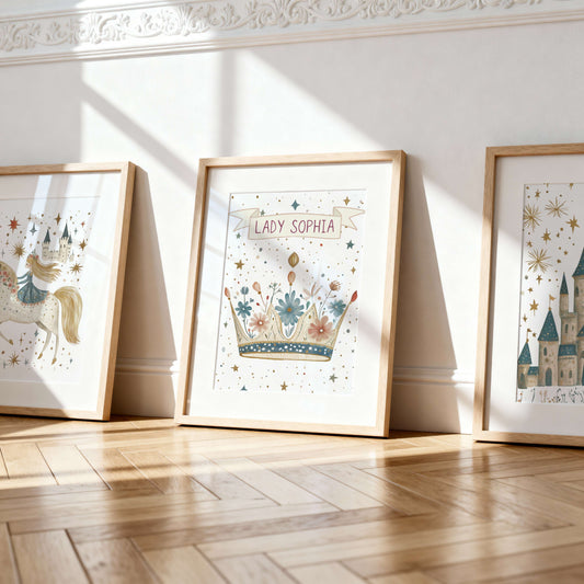 Personalised Princess Flower Crown, Castle and Horse Wall Art Set of 3   | Unframed