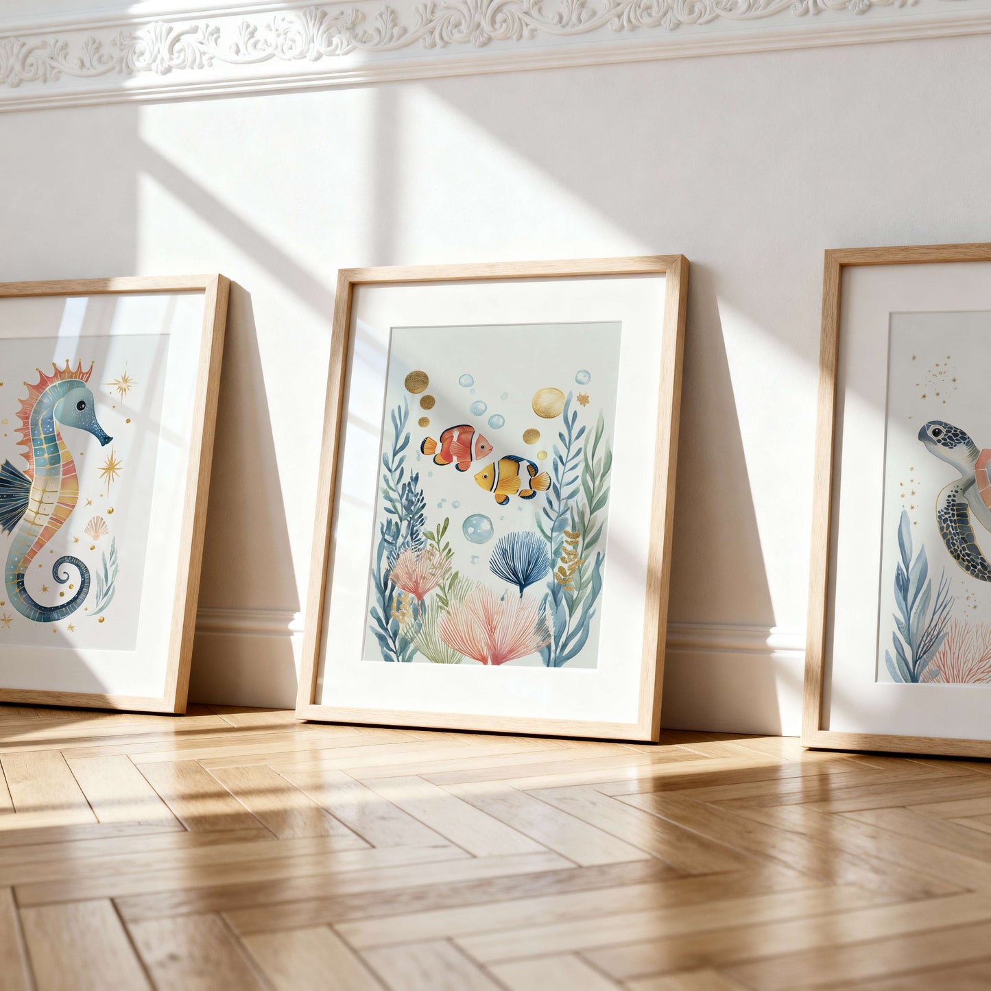The Turtle ocean art print displayed in a children's room frame — unframed watercolour wall art by Sarah Gallagher Design