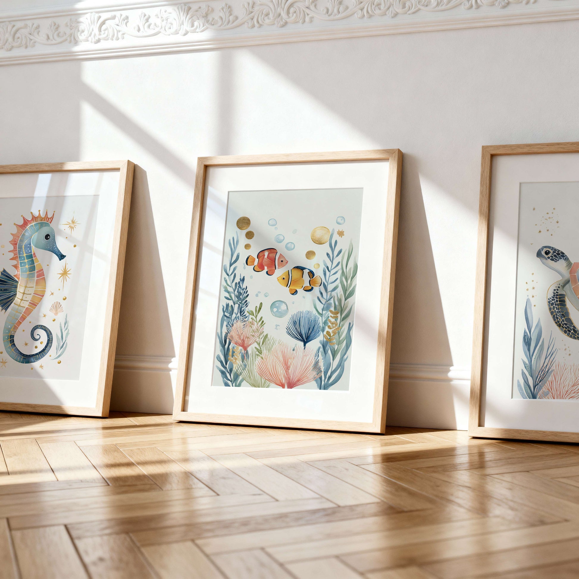 The Turtle ocean art print displayed in a children's room frame — unframed watercolour wall art by Sarah Gallagher Design