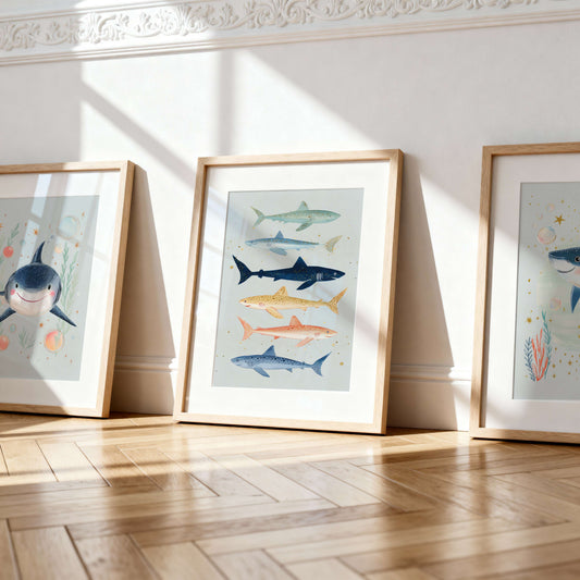 Shark Wall Art Set of 3, Nursery Ocean Prints | Unframed