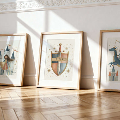 Personalised Dragon and Girl Knight Wall Art Set of 3 | Unframed