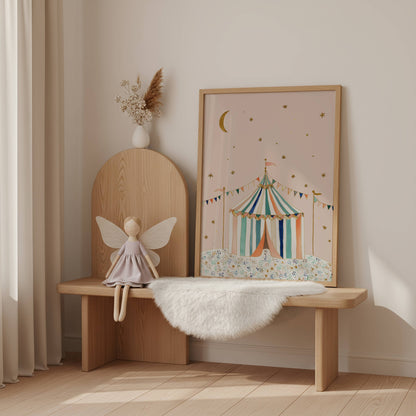 The Circus Tent A4 circus nursery print in a light wood frame