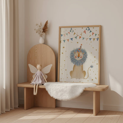 Circus Lion nursery wall art shown in a frame — room display mockup