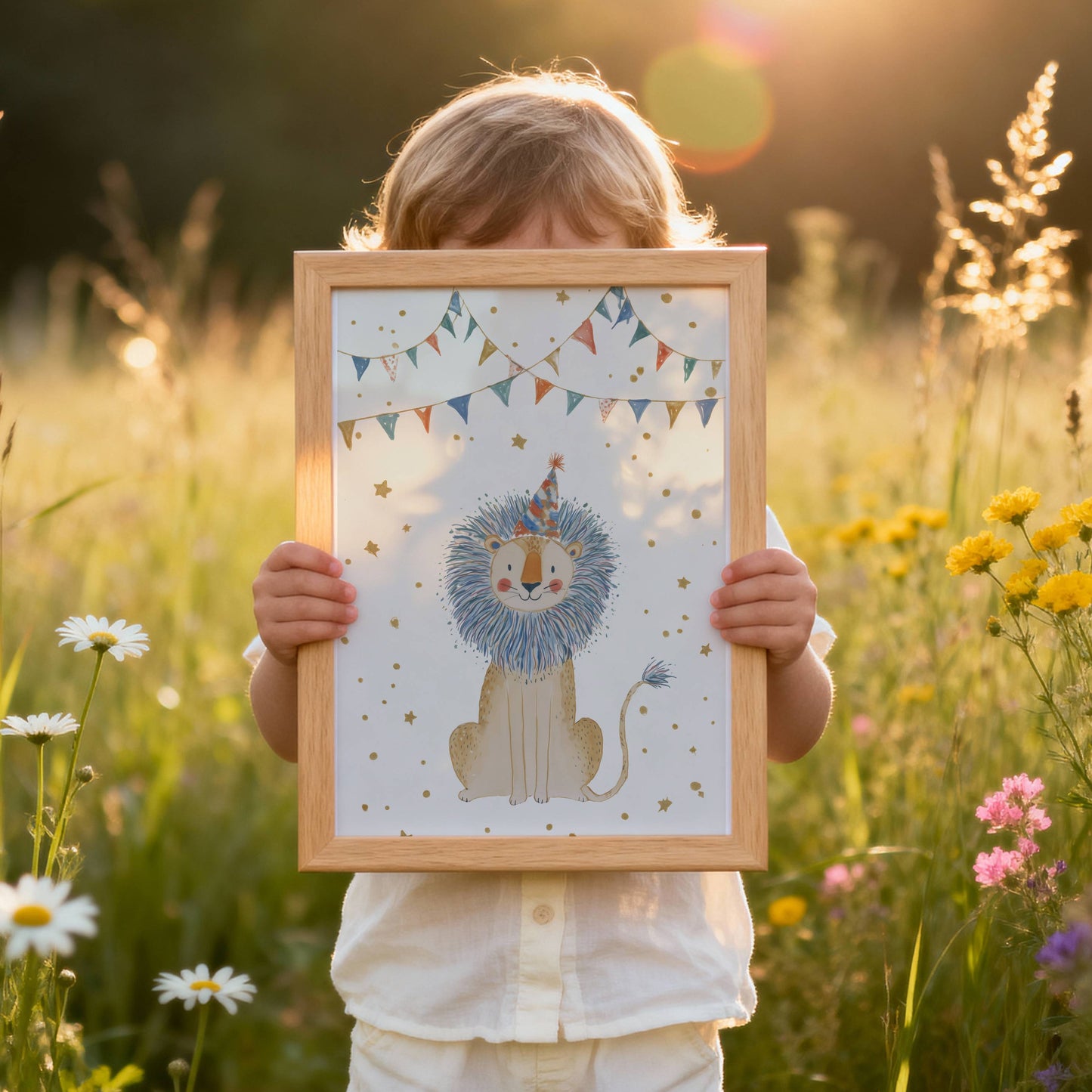 Circus Lion nursery print shown framed, held by a child — lifestyle image from Sarah Gallagher Design
