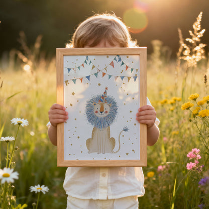 Circus Lion nursery print shown framed, held by a child — lifestyle image from Sarah Gallagher Design