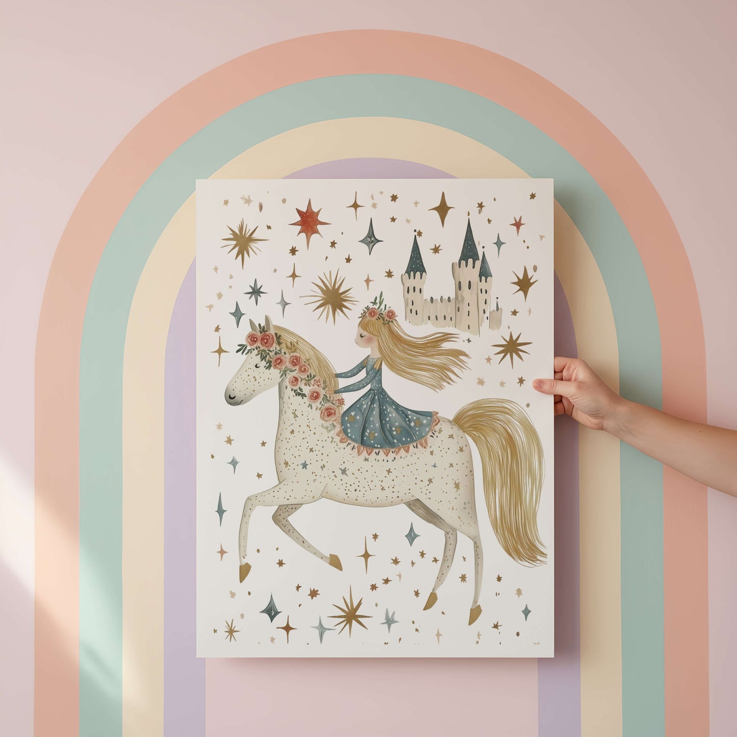 Personalised Crown, Castle & Horse Princess Wall Art Set of 3 | Girls Nursery Prints