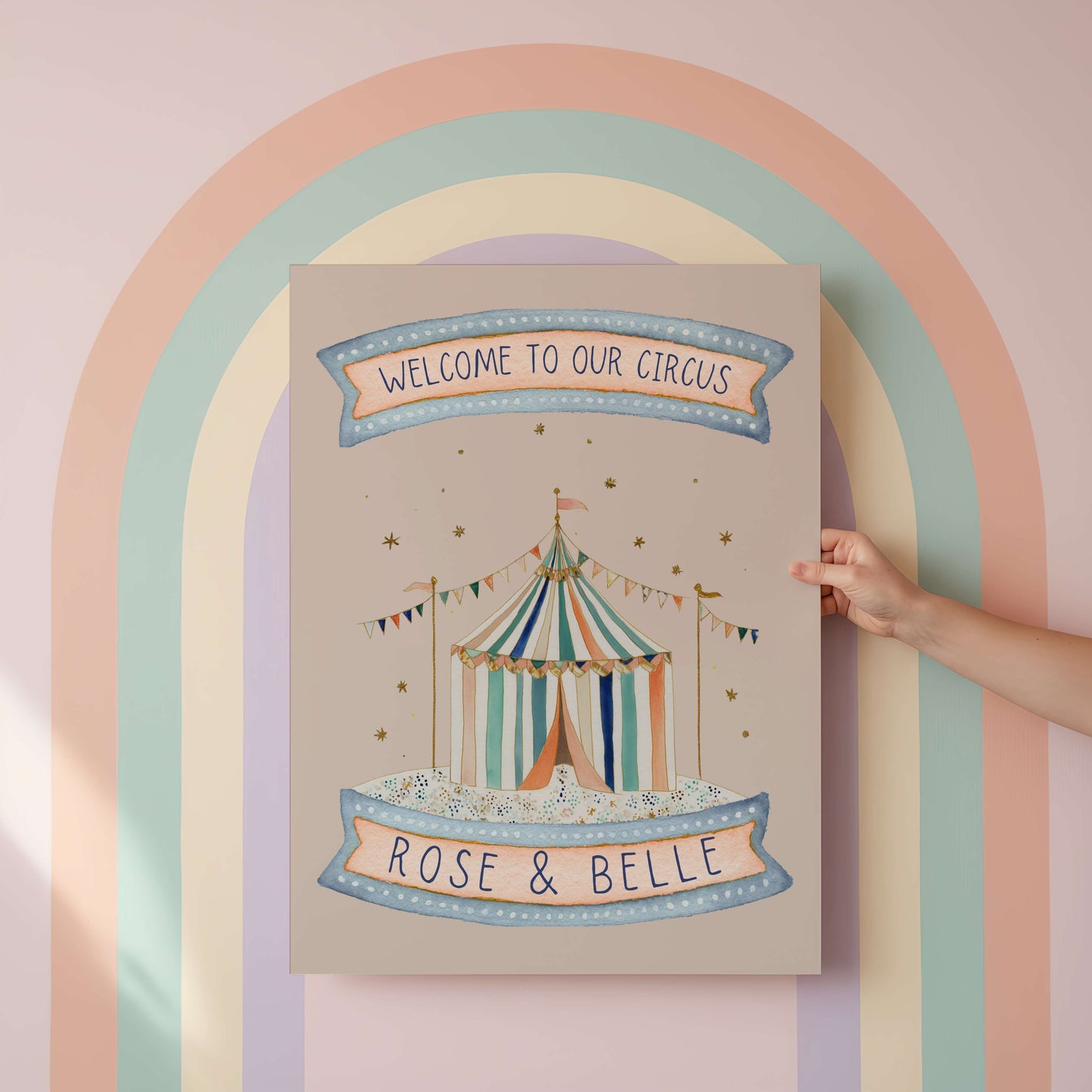 Personalised Sibling Pink Circus Wall Art Set of 3 | Unframed