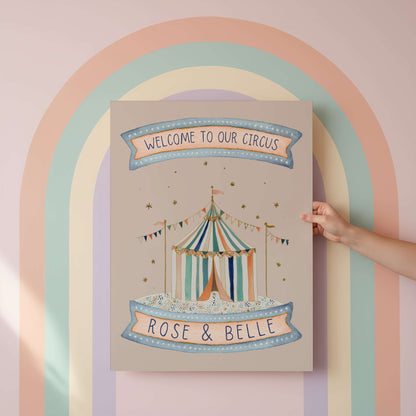 Personalised Sibling Pink Circus Wall Art Set of 3 | Unframed
