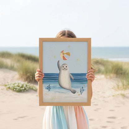 Seal nursery art print in a children's bedroom — unframed watercolour print by Sarah Gallagher Design