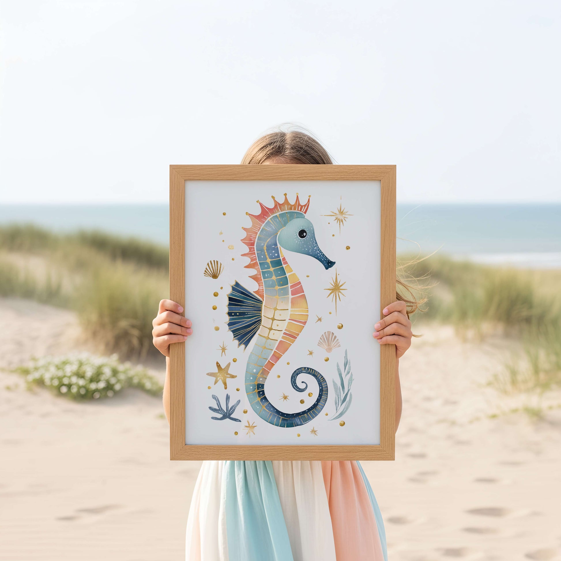 The Seahorse print in a styled nursery frame — soft watercolour ocean art by Sarah Gallagher Design
