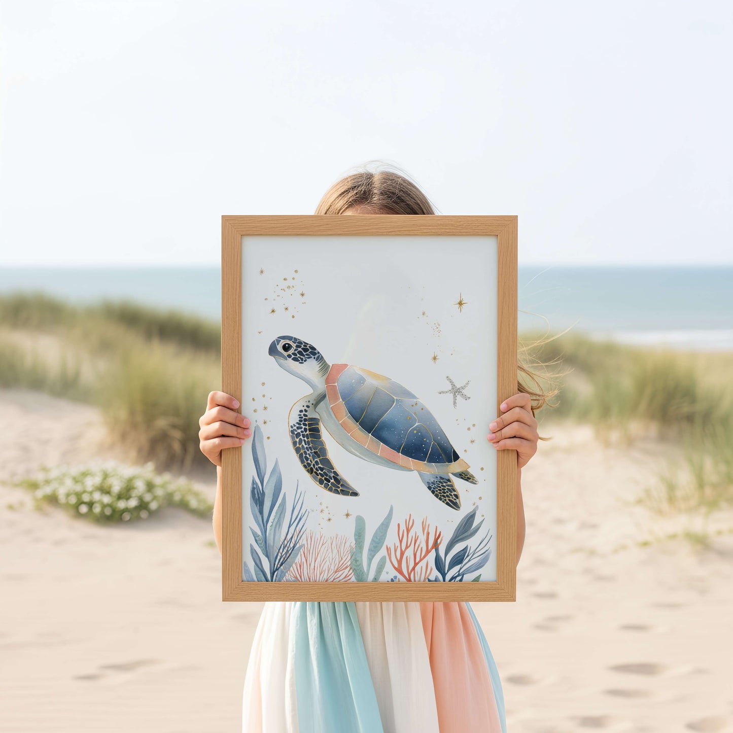 The Turtle watercolour sea turtle print in a nursery setting — children's ocean wall art by Sarah Gallagher Design