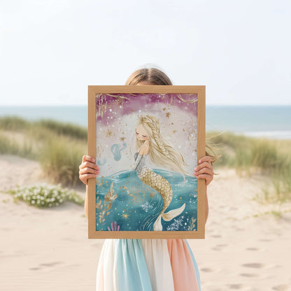 Mermaid wall art print displayed in a white frame in a nursery setting — Dreamy Mermaid Print by Sarah Gallagher Design