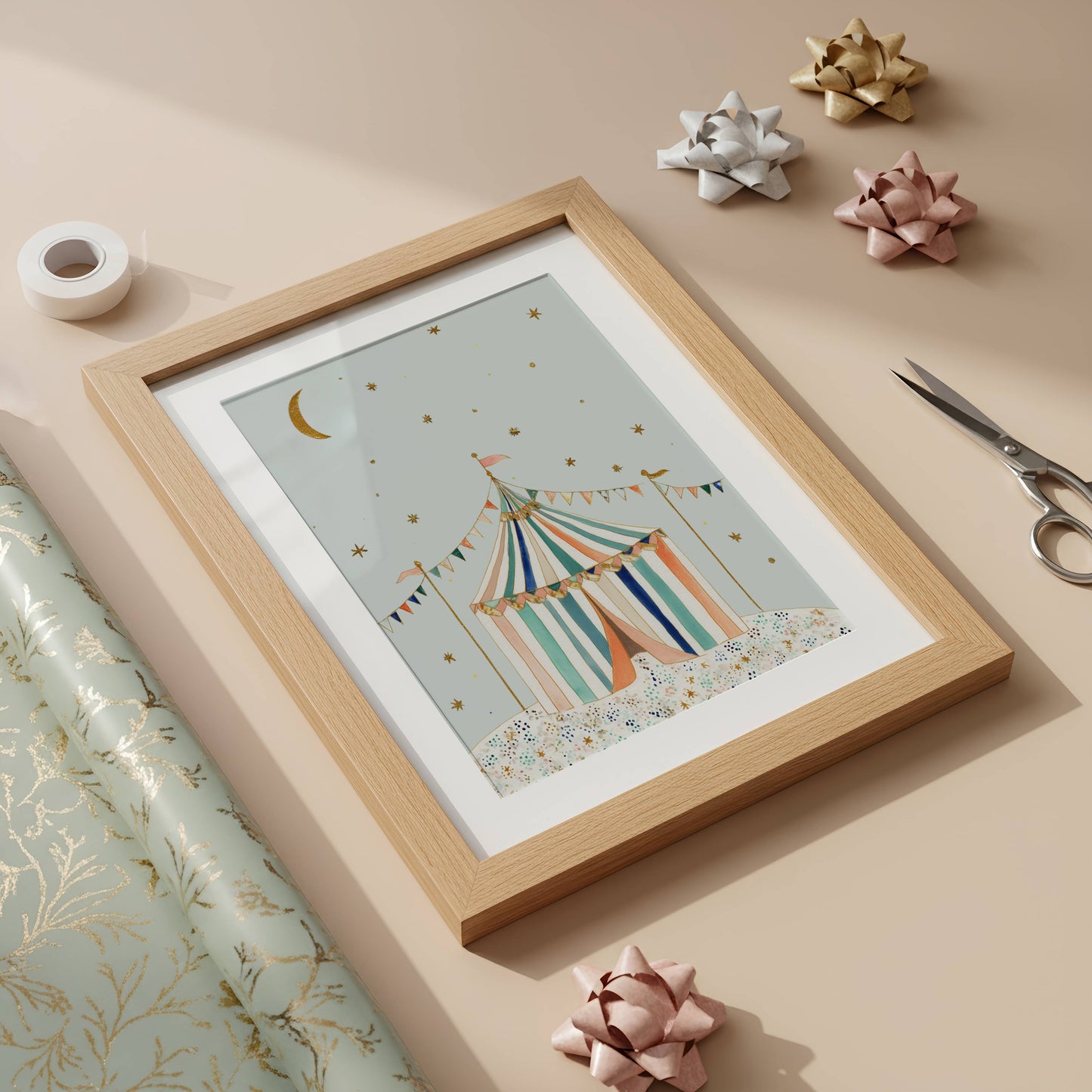 The Circus Tent A3 circus nursery wall art print in a classic white frame