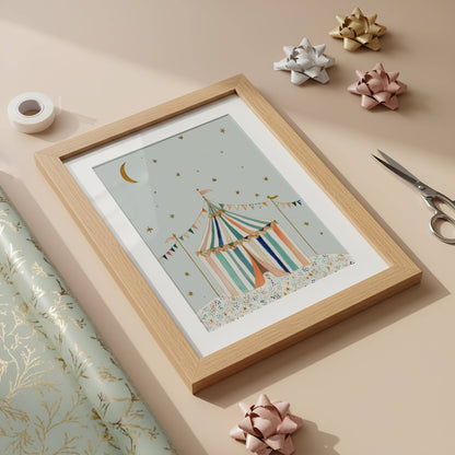The Circus Tent A3 circus nursery wall art print in a classic white frame