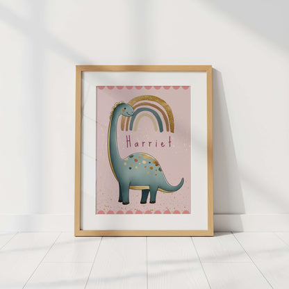 Personalised Pink Diplodocus Dinosaur Print | Unframed