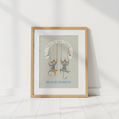 Personalised Blue Circus Wall Art Set of 3 for Siblings | Unframed