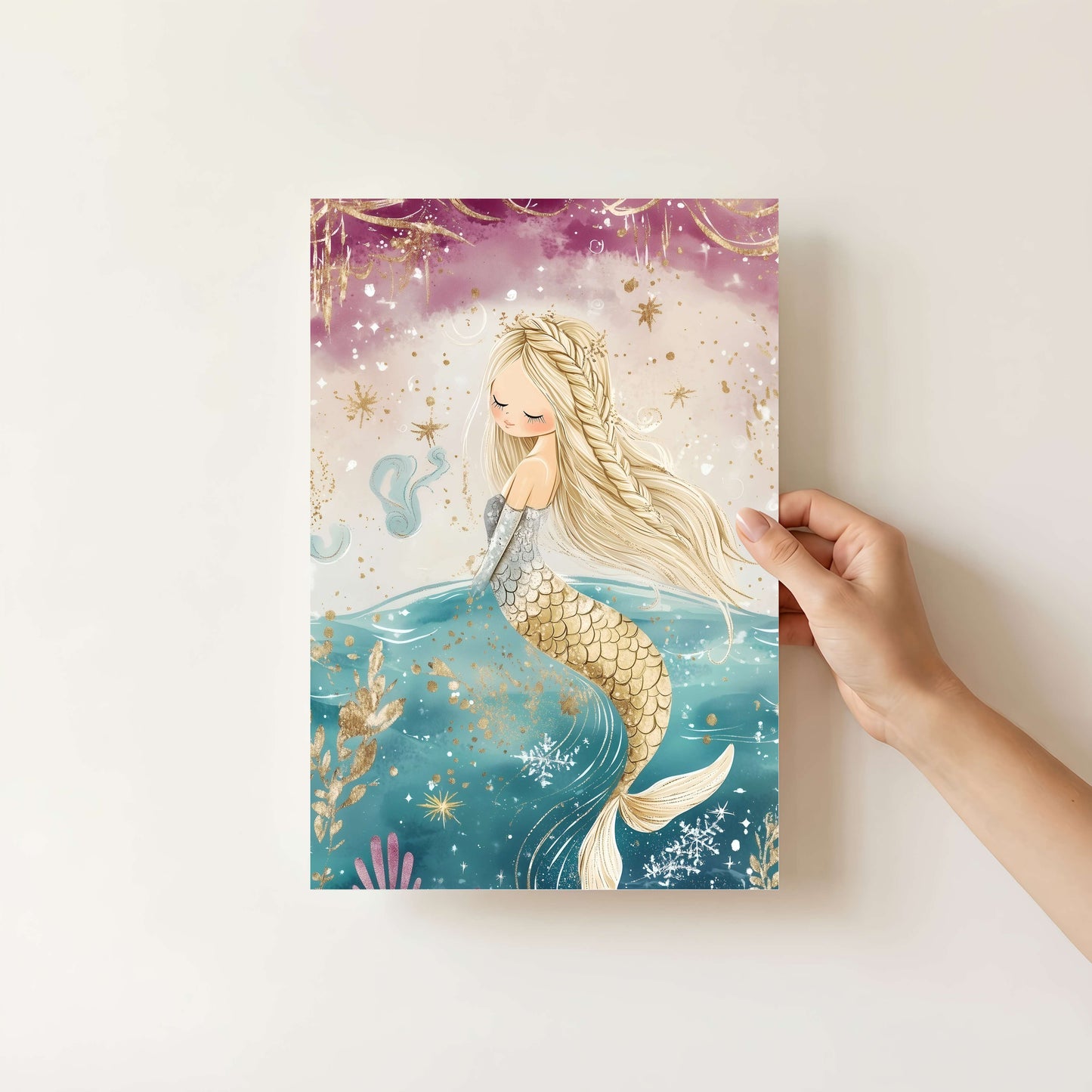Dreamy Mermaid Print in a natural wood frame, soft ocean colour palette — unframed mermaid wall art by Sarah Gallagher Design