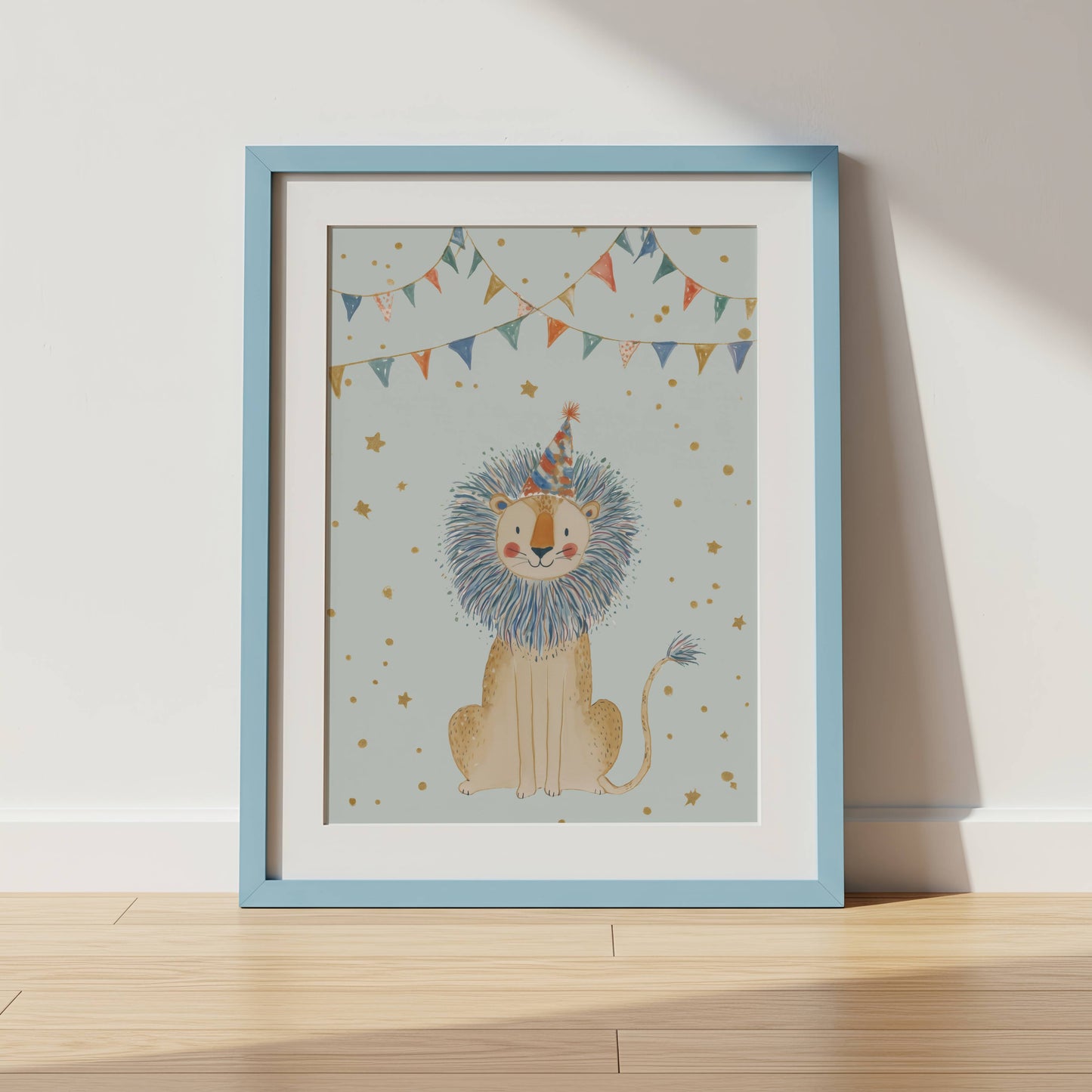 Blue Circus Nursery Wall Art — individual circus print shown in a white frame, from the set of 6 by Sarah Gallagher Design