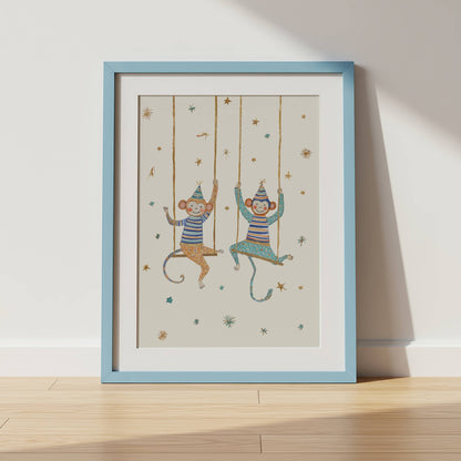 Blue Circus Nursery Wall Art — circus animal illustration shown framed, part of the 6-print set by Sarah Gallagher Design