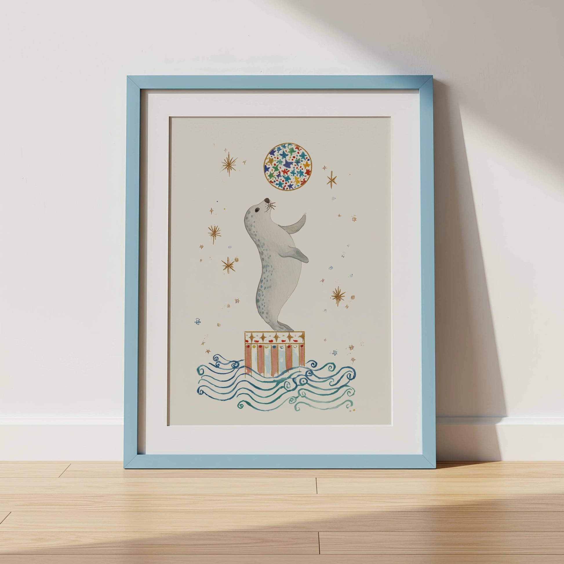 Blue Circus Nursery Wall Art — whimsical circus print shown in a white frame — Sarah Gallagher Design