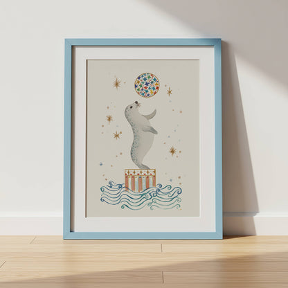 Blue Circus Nursery Wall Art — whimsical circus print shown in a white frame — Sarah Gallagher Design