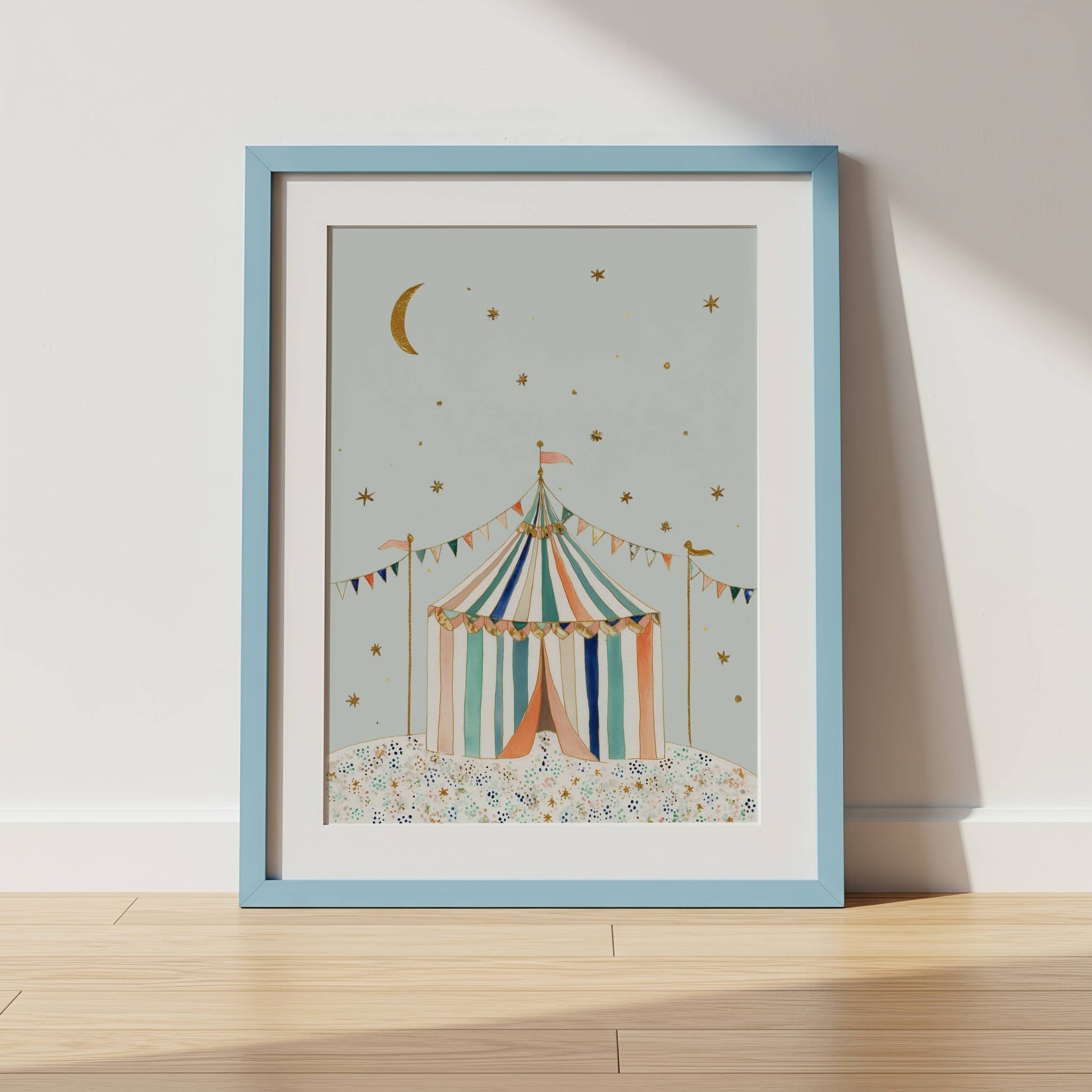 Blue Circus Nursery Wall Art — circus illustration in a white frame, one of six coordinating prints — Sarah Gallagher Design