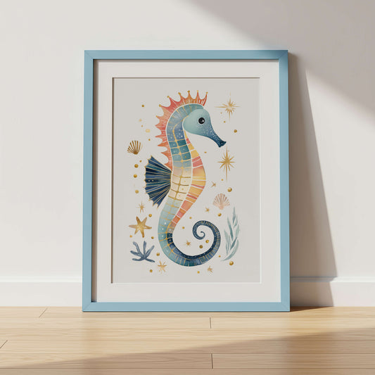 The Seahorse seahorse nursery print shown in a white frame mockup — watercolour ocean wall art by Sarah Gallagher Design