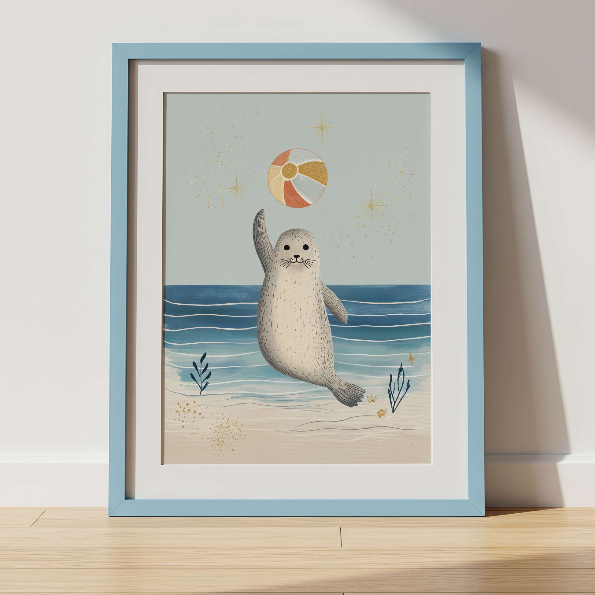 The Seal watercolour print displayed in a nursery room setting — coastal under the sea wall art, unframed