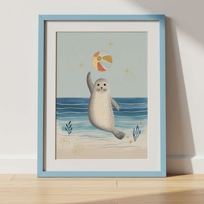 The Seal watercolour print displayed in a nursery room setting — coastal under the sea wall art, unframed