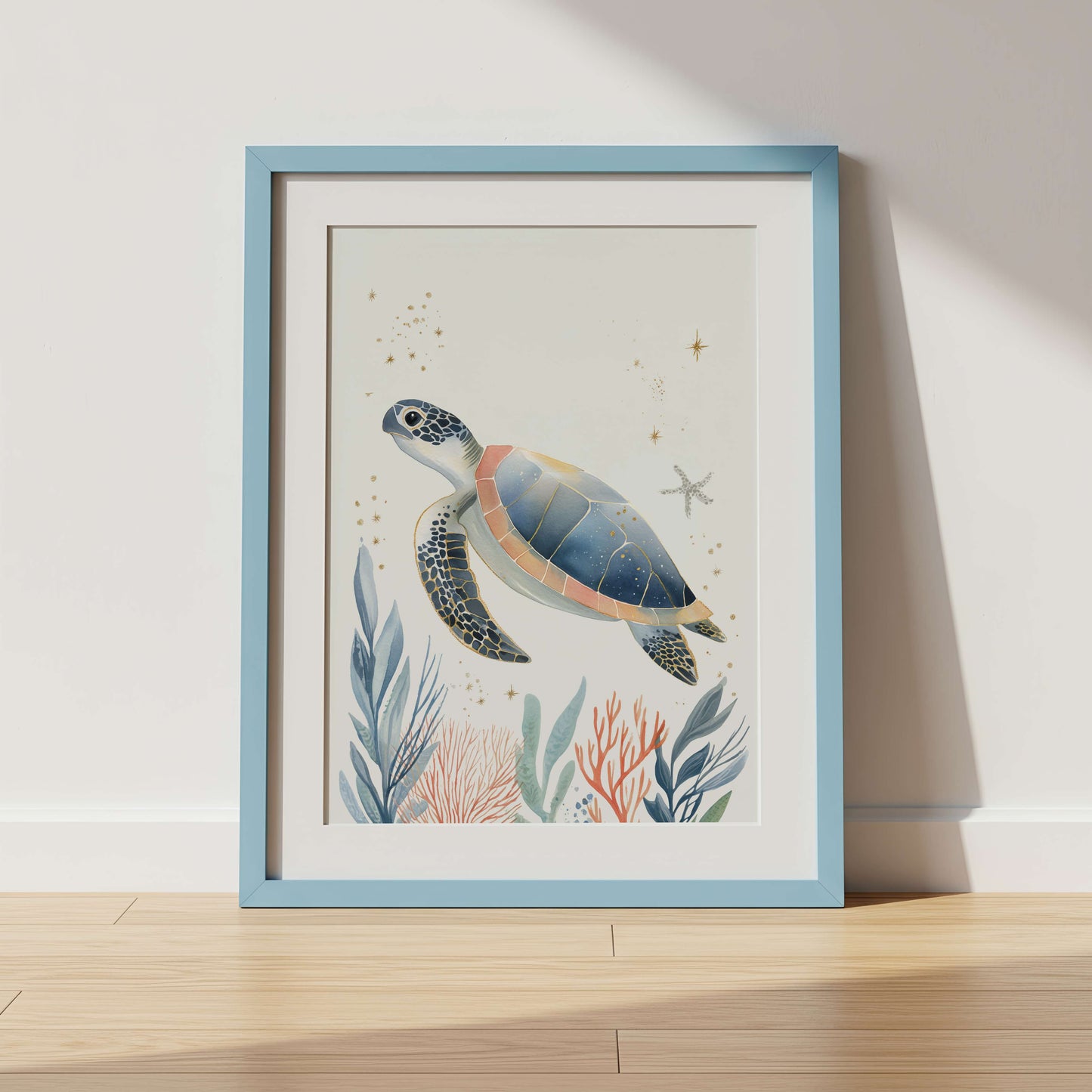 The Turtle unframed sea turtle print shown in a frame — nursery wall art by Sarah Gallagher Design